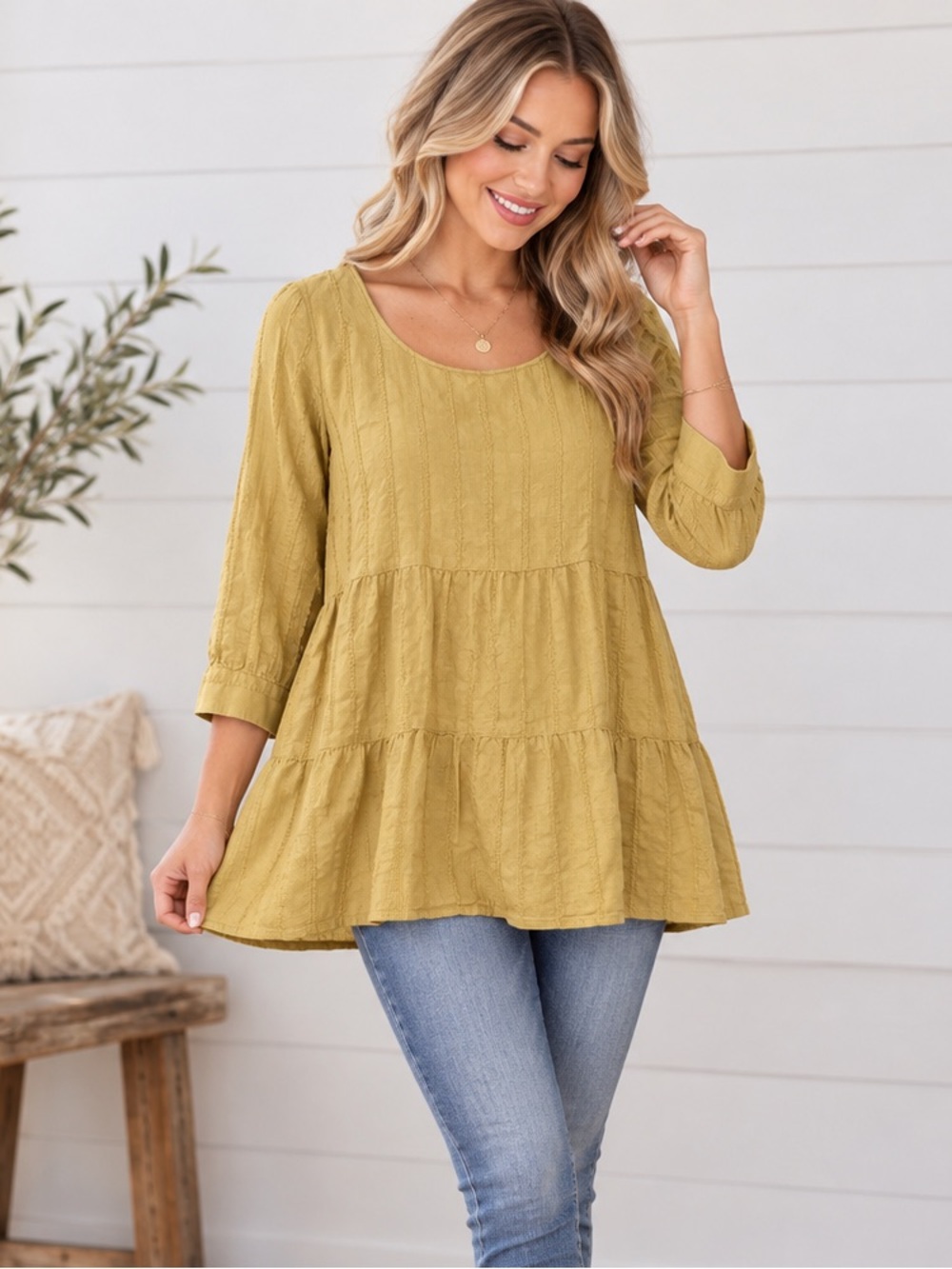 J. Jill Textured Pintuck Tiered Peplum 3/4 Sleeve Blouse Top - XS